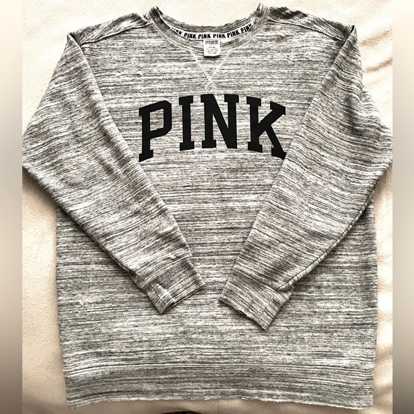PINK Victoria’s Secret Distressed Silver and Black Thin Striped Sweatshirt - Picture 1 of 6